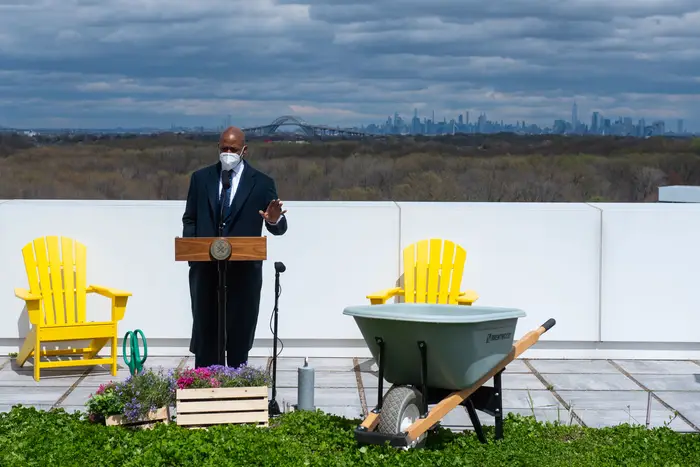 Mayor Eric Adams at an event announcing a rooftop farm in Staten Island.